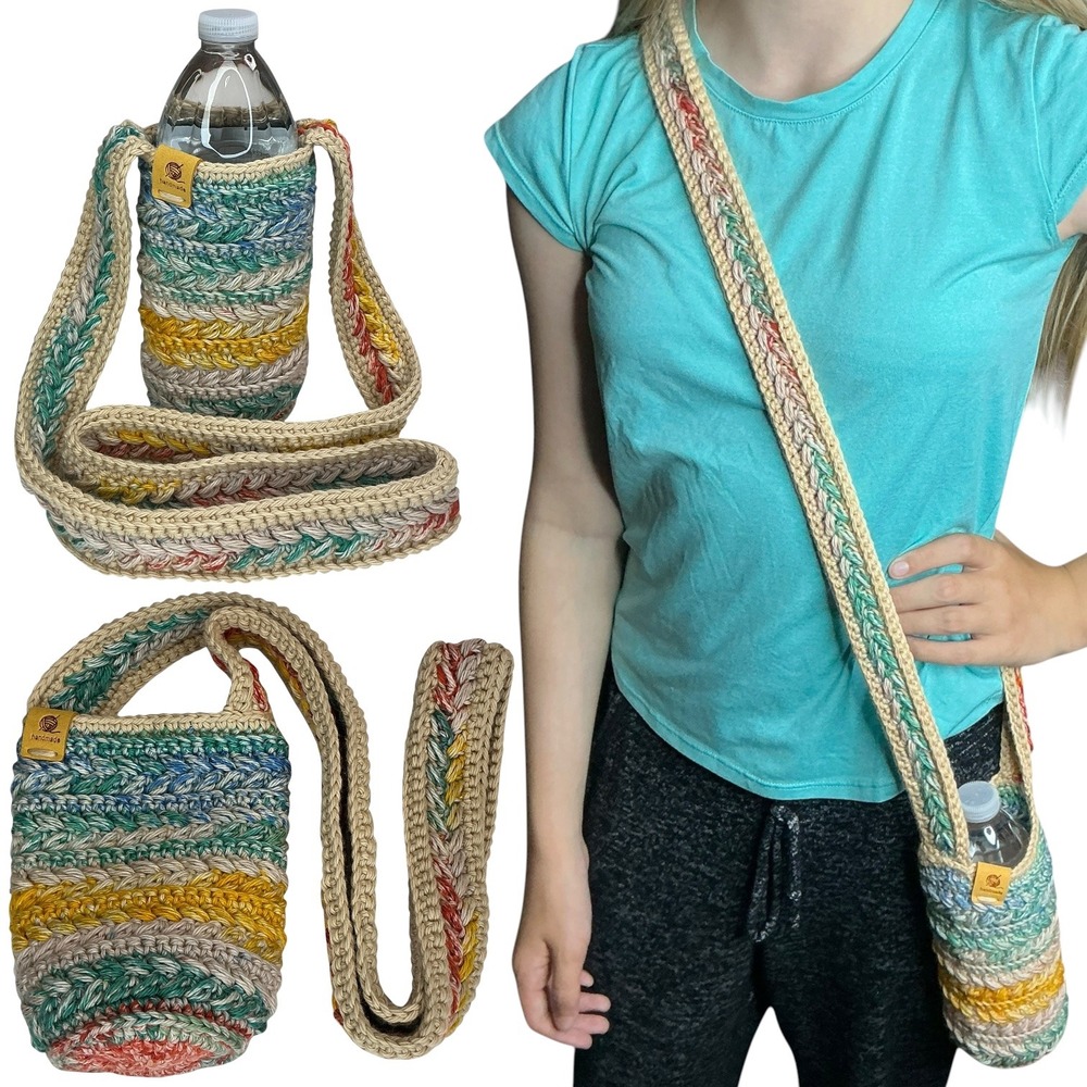 Handmade Multicolor‎ Crochet Water Bottle Holder Bag Wheat Stitch Boho Crossbody